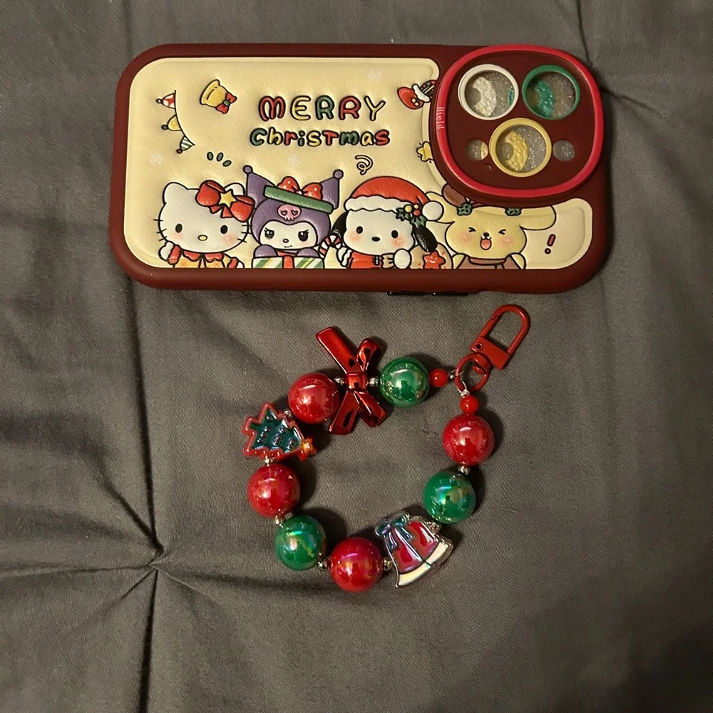 Sanrio Christmas Phone Case with Red and Green Charms attachment